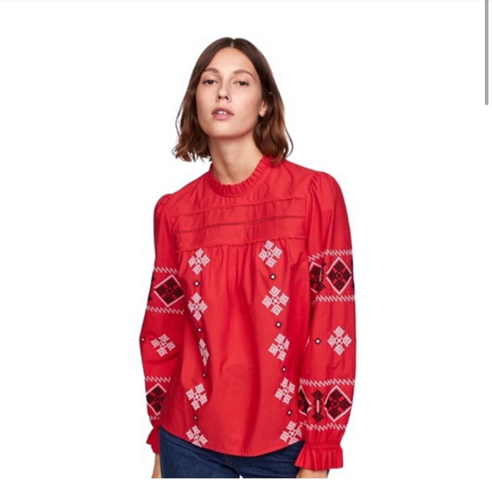 Zara BBWM Mock Neck Embroidered Long Sleeved Peasant Top Size Small